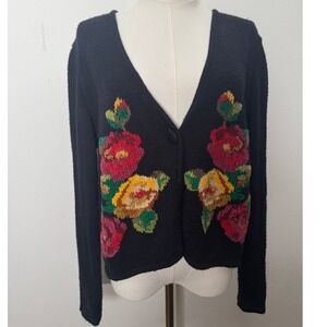 intage Embroidered Floral Cardigan Navy Blue Rose  Cottagecore Grandma Sweater